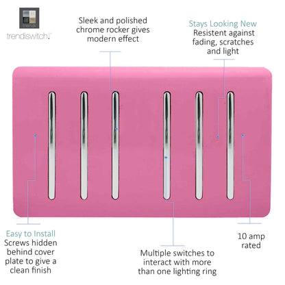 Trendi Switch 6 Gang 1 or 2 Way Light Switch in Candy Pink