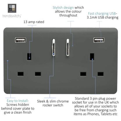 Trendi Switch 2 Gang USB 3100mA Plug Socket in Charcoal Grey