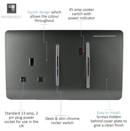 Trendi Switch 45 Amp Cooker Switch & 13 Amp Plug Socket with Neon in Charcoal Grey