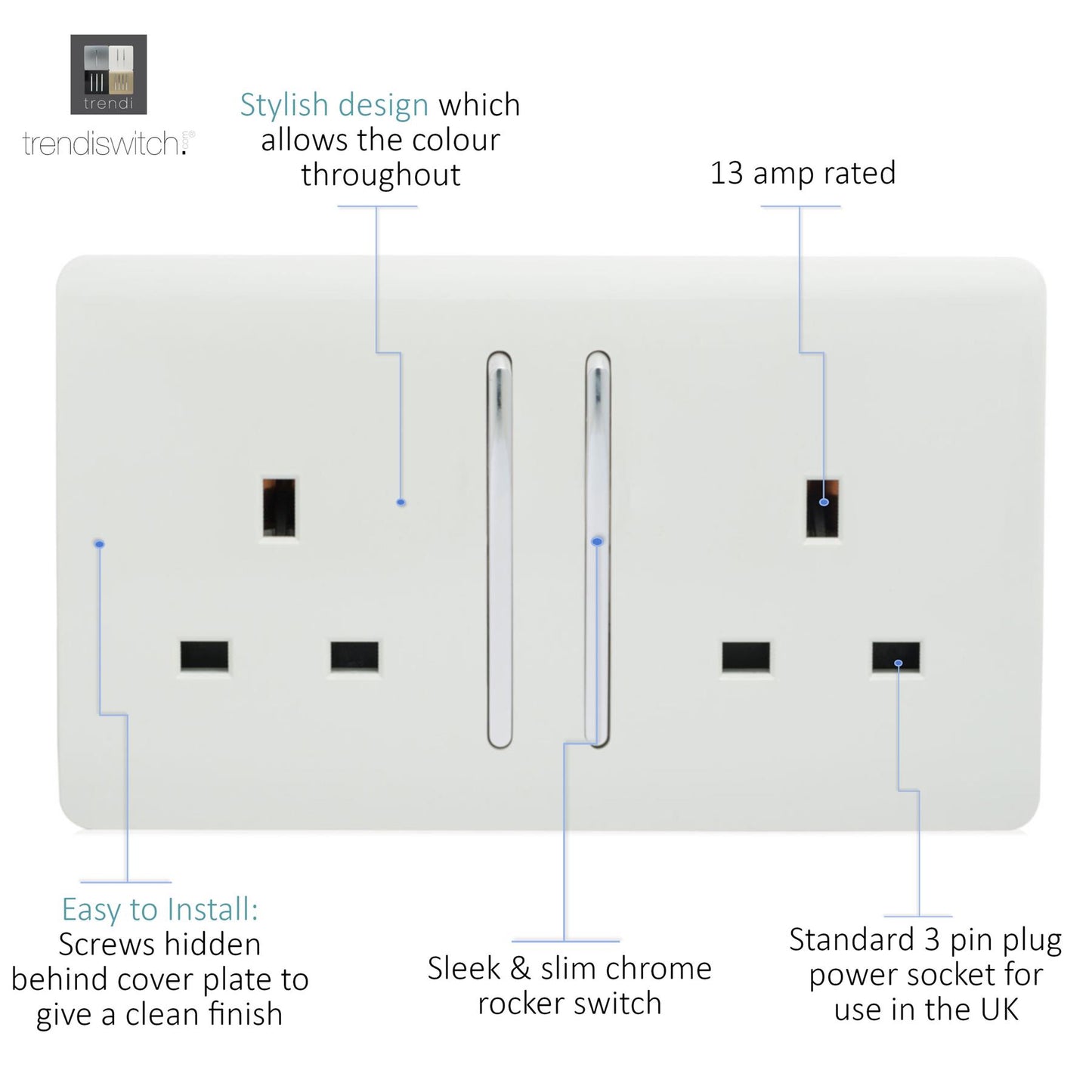 Trendi Switch 2 Gang 13 Amp Switched Plug Socket in Matt White - ART-SKT213LMWH