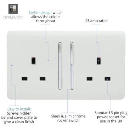 Trendi Switch 2 Gang 13 Amp Switched Plug Socket in Matt White - ART-SKT213LMWH