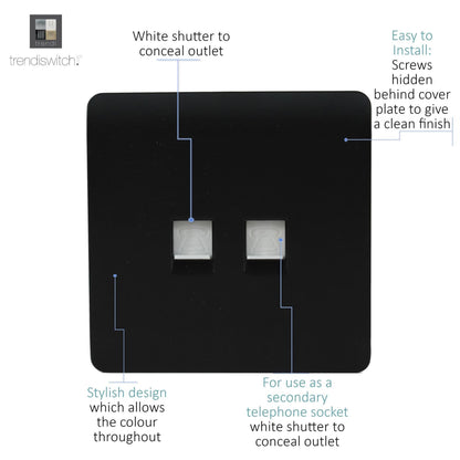 Trendi Switch 2 Gang Cat 3 Telephone Slave Socket in Matt Black