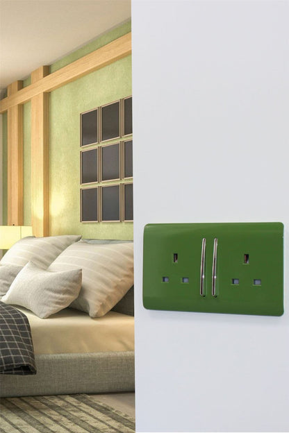 Trendi Switch 2 Gang Long Switched Plug Socket in Moss Green