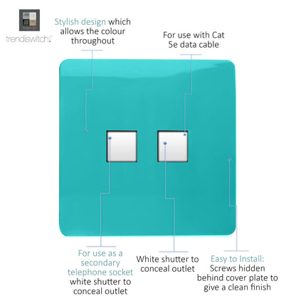 Trendi Switch 2 Gang RJ45 Cat 5e PC Ethernet & Telephone Slave Sockets in Bright Teal