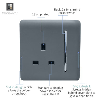 Trendi Switch 1 Gang 13 Amp Switched Plug Socket in Warm Grey