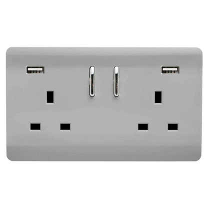 Trendi Switch 2 Gang USB 3100mA Plug Socket in Brushed Steel