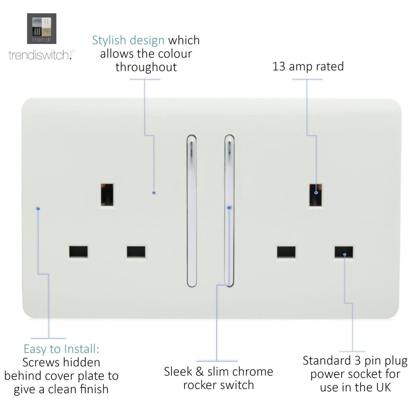 Trendi Switch 2 Gang Long Switched Plug Socketin Ice White