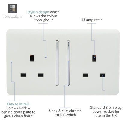 Trendi Switch 2 Gang Long Switched Plug Socket in Ice White