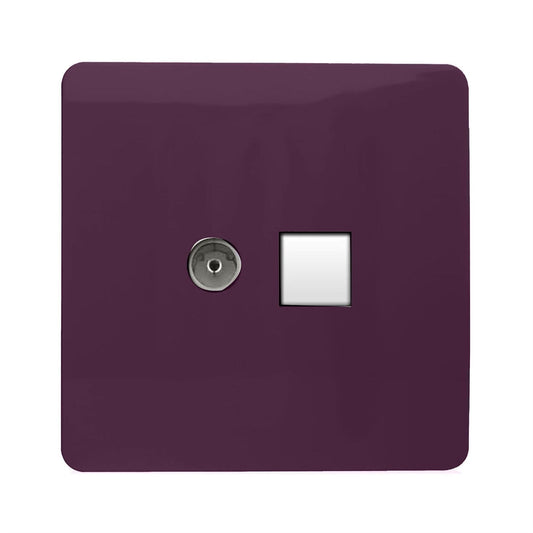 Trendi Switch 2 Gang TV Co-Axial & RJ45 Cat 6 Modern Designer PC Ethernet Socketsin Plum Purple