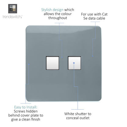 Trendi Switch 2 Gang RJ45 Cat 5e PC Ethernet Socket in Cool Grey