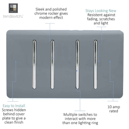 Trendi Switch 4 Gang Intermediate Rocker Light Switch in Warm Grey