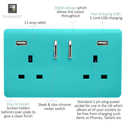 Trendi Switch 2 Gang USB 3100mA Plug Socket in Bright Teal