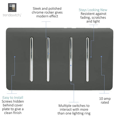 Trendi Switch 4 Gang Light Switch (2x 1 or 2 Way & 2 x Intermediate)in Charcoal Grey