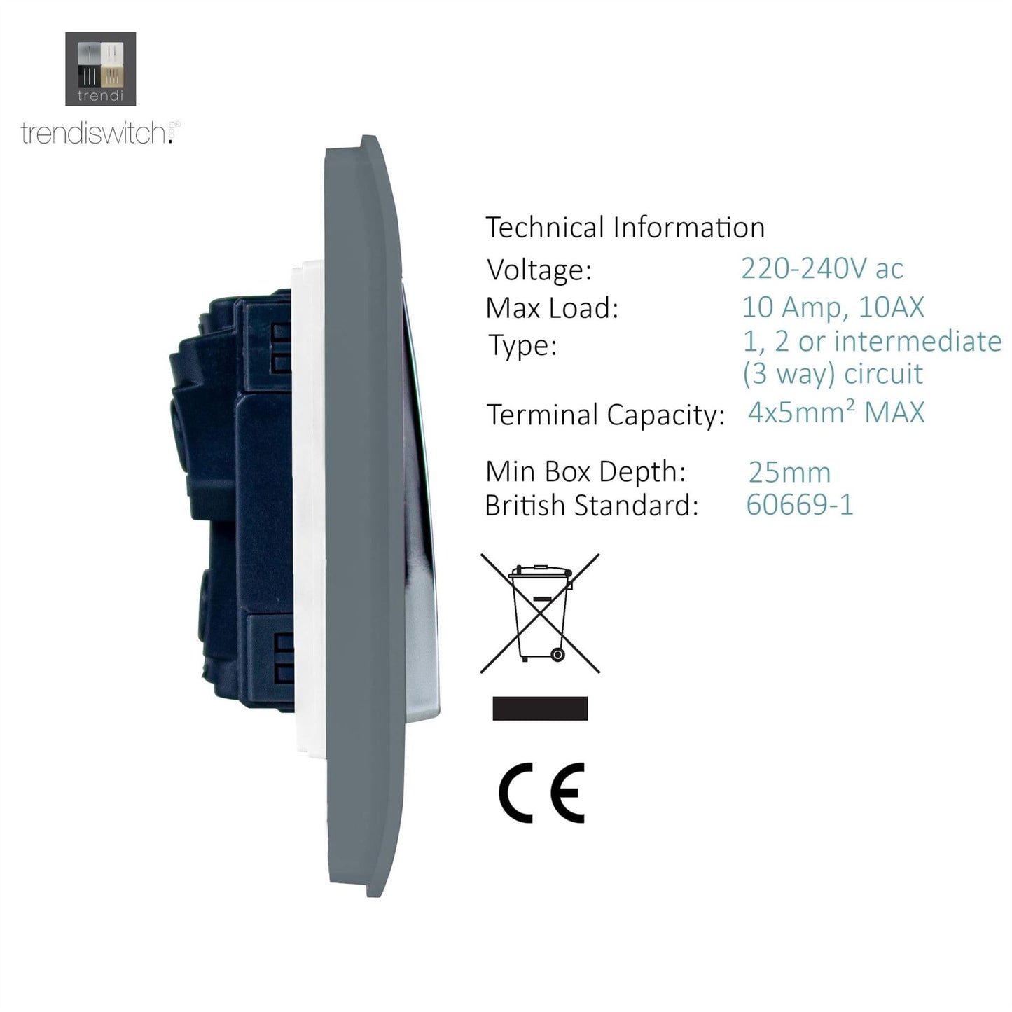 Trendi Switch 4 Gang Light Switch (3x 1 or 2 Way & 1 x Intermediate)in Warm Grey