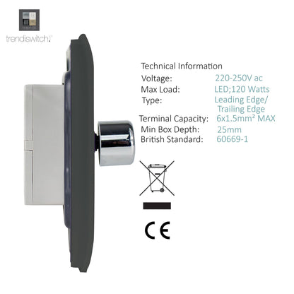 Trendi 2 Gang 2 Way 240V 100w LED Dimmer Screwless Raised Front Plate Plastic Artistic Modern Glossy 10 Amp Chrome Single Electrical Wall Light Switch in Charcoal - ART-2LDMCH