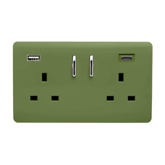 Trendi Switch 2 Gang USB 45W Type A & C USB Plug Socket in Moss Green