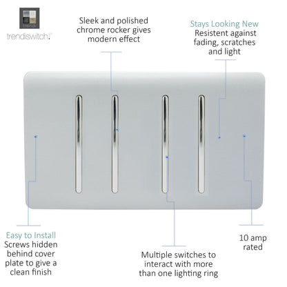 Trendi Switch 4 Gang Light Switch (2x 1 or 2 Way & 2 x Intermediate)in Platinum Silver