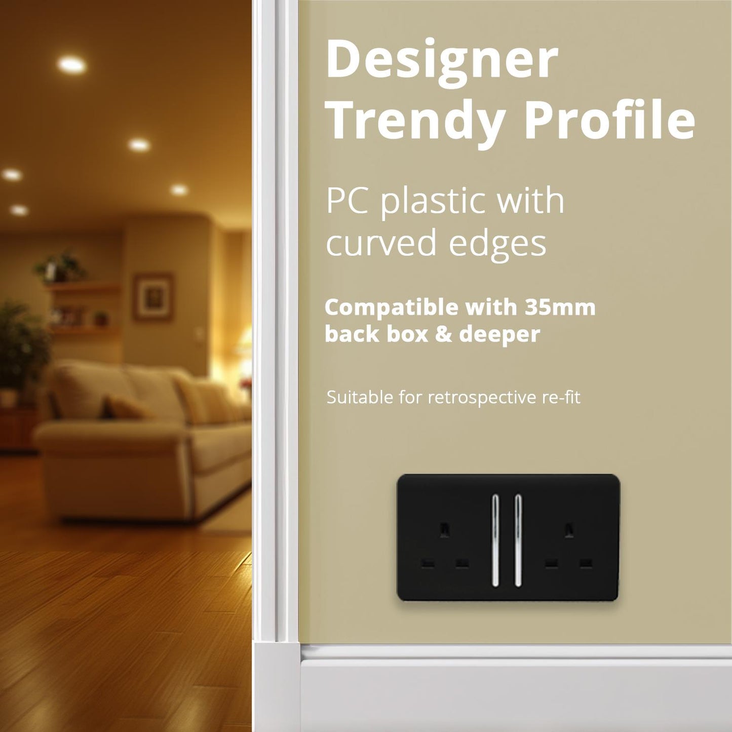 Trendi Switch 2 Gang Long Switched Plug Socketin Matt Black