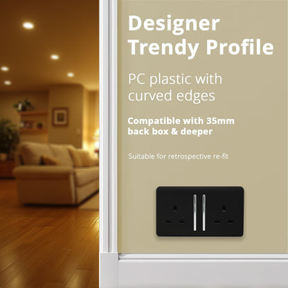 Trendi Switch 2 Gang Long Switched Plug Socket in Matt Black