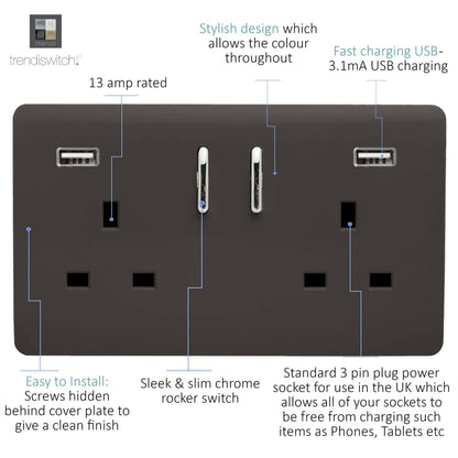 Trendi Switch 2 Gang USB 3100mA Plug Socket in Dark Mocha Brown