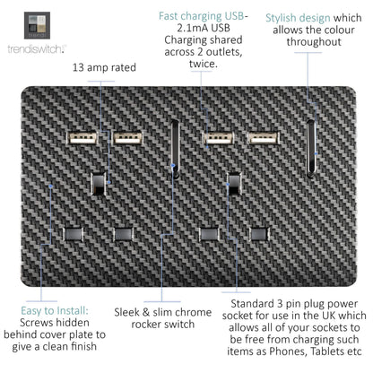 Trendi Switch 2 Gang 4 Port USB 2100mA Plug Socket in Carbon Fibre