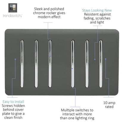 Trendi Switch 6 Gang 1 or 2 Way Light Switch in Charcoal Grey