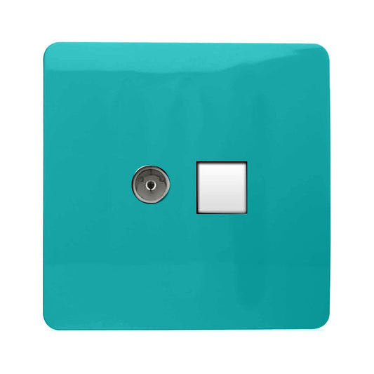 Trendi Switch 2 Gang Female TV Co-Axial & RJ45 Cat 5e PC Ethernet Socketsin Bright Teal