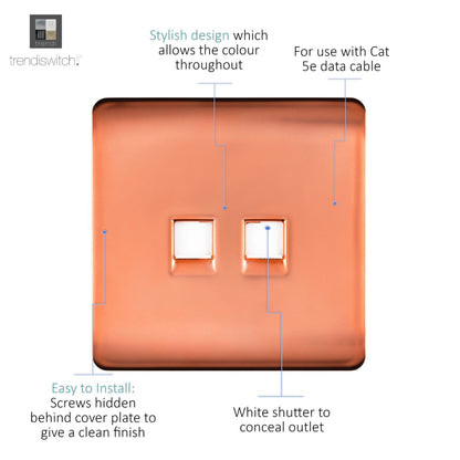 Trendi Switch 2 Gang RJ45 Cat 5e PC Ethernet Socket in Copper