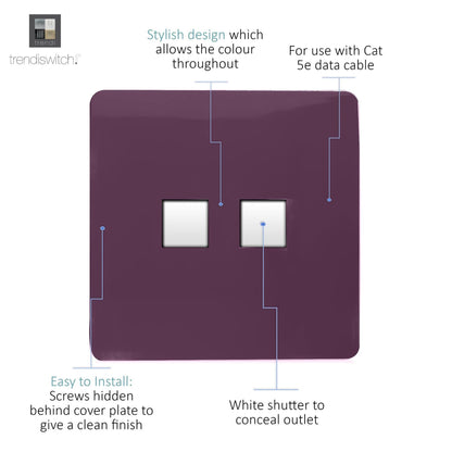 Trendi Switch 2 Gang RJ45 Cat 5e PC Ethernet Socket in Plum Purple