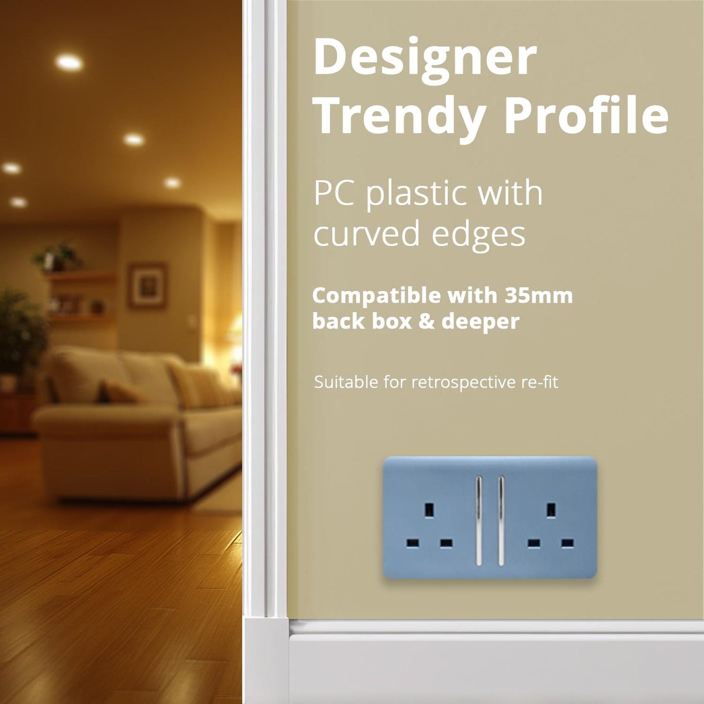 Trendi Switch 2 Gang Long Switched Plug Socket in Sky Blue