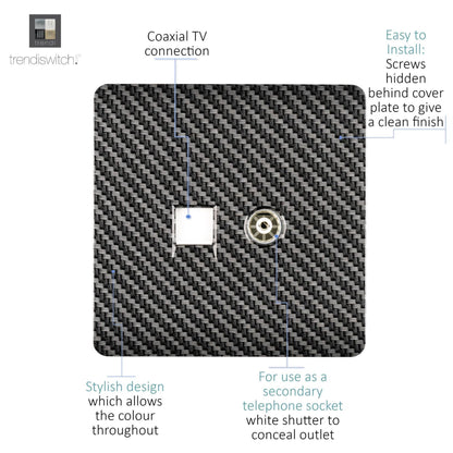Trendi Switch 2 Gang Female TV Co-Axial & Telephone Slave Sockets in Carbon Fibre