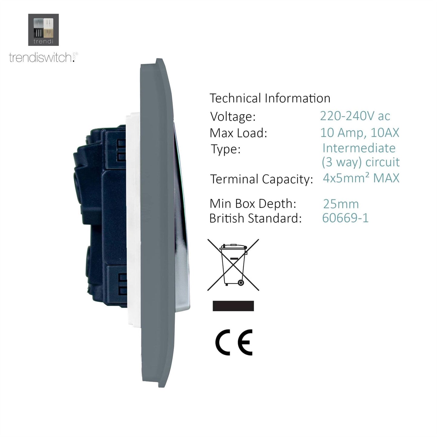 Trendi Switch 2 Gang Rocker Light Switch (1x 1 or 2 way & 1x Intermediate)in Warm Grey