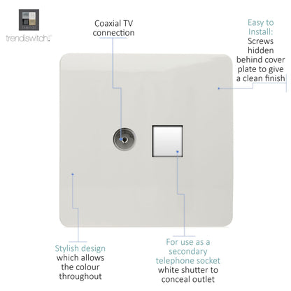 Trendi Switch 2 Gang Female TV Co-Axial & Telephone Slave Sockets in Ice White