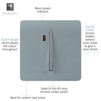Trendi Switch 1 Gang 45 Amp Cooker Switch with Neon in Cool Grey