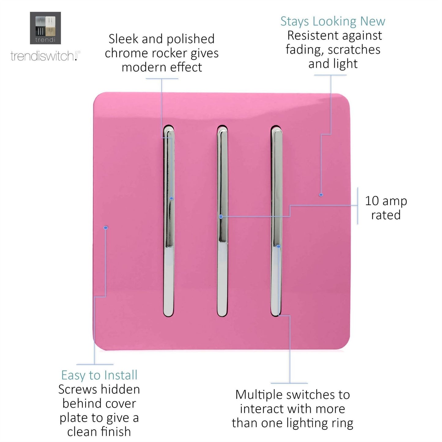 Trendi Switch 3 Gang 1 or 2 way Rocker Light Switchin Candy Pink