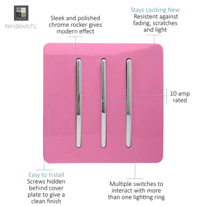 Trendi Switch 3 Gang 1 or 2 way Rocker Light Switch in Candy Pink