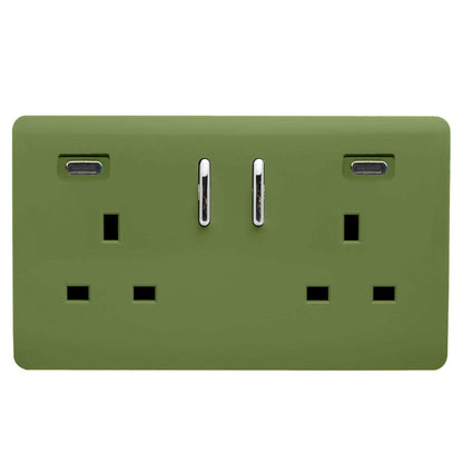 Trendi Switch 2 Gang USB 24W Type C USB Plug Socket in Moss Green