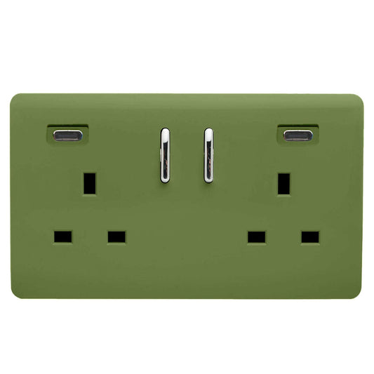 Trendi Switch 2 Gang USB 24W Type C USB Plug Socket in Moss Green