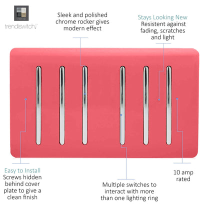 Trendi Switch 6 Gang 1 or 2 Way Light Switch in Strawberry Red