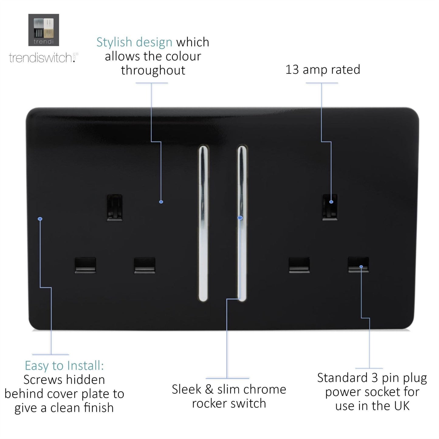Trendi Switch 2 Gang Long Switched Plug Socketin Piano Black