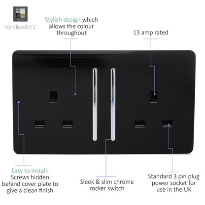 Trendi Switch 2 Gang Long Switched Plug Socket in Piano Black