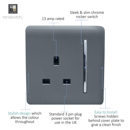 Trendi Switch 1 Gang 13 Amp Switched Plug Socket in Warm Grey