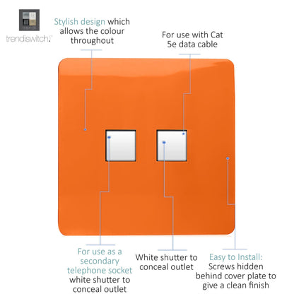 Trendi Switch 2 Gang RJ45 Cat 5e PC Ethernet & Telephone Slave Sockets in Sunset Orange