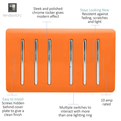 Trendi Switch 6 Gang 1 or 2 Way Light Switch in Sunset Orange