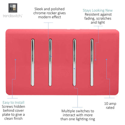 Trendi Switch 4 Gang 1 or 2 Way Light Switch in Strawberry Red
