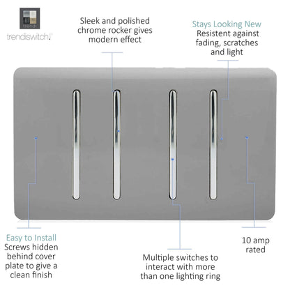 Trendi Switch 4 Gang Intermediate Rocker Light Switch in Light Grey