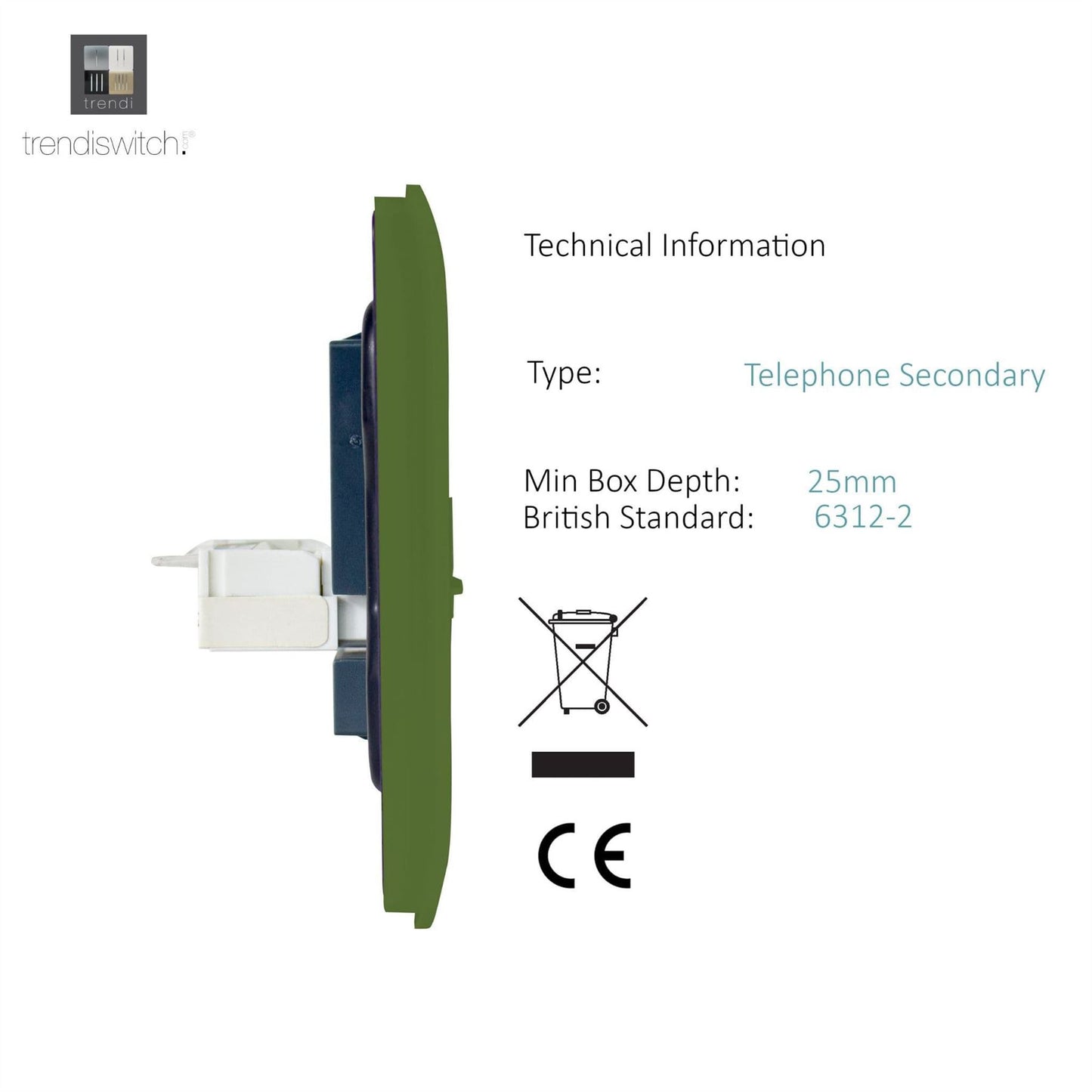 Trendi Switch 2 Gang Cat 3 Telephone Slave Socketin Moss Green