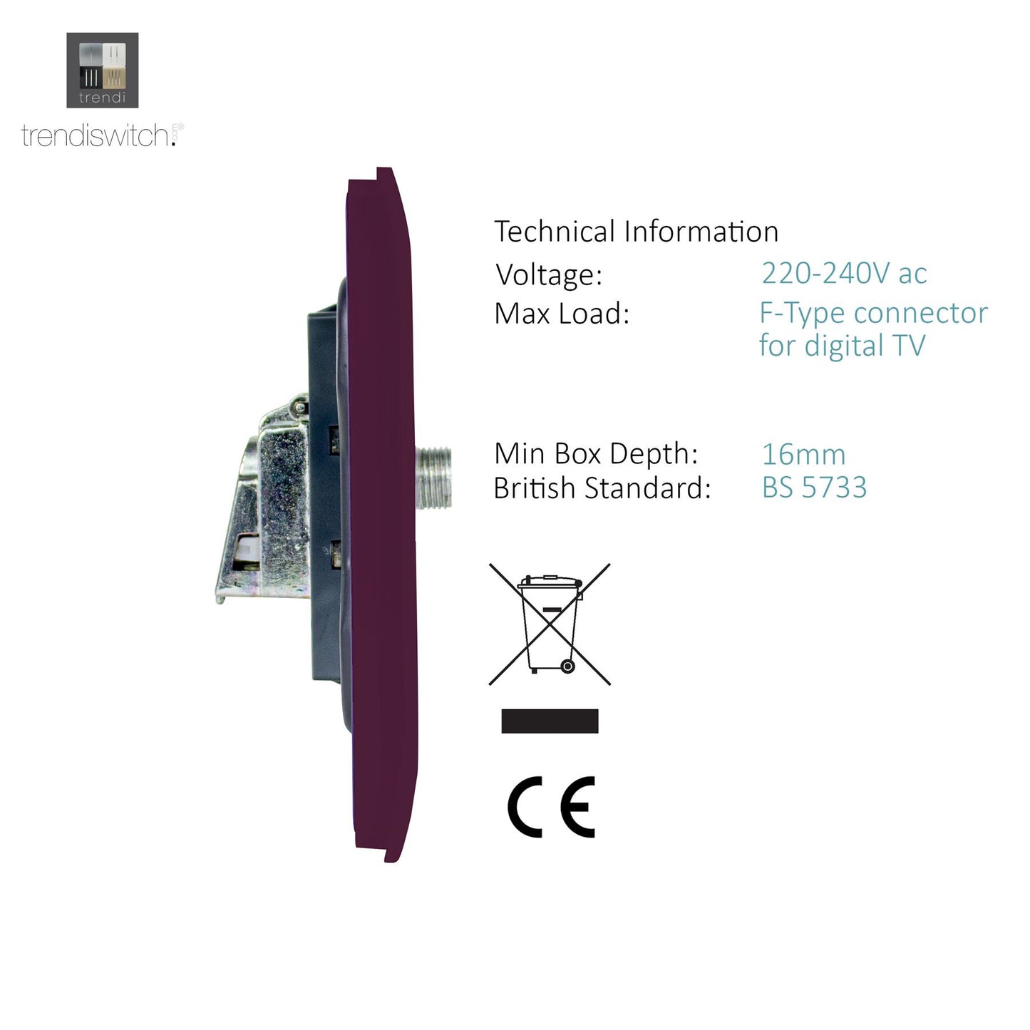 Trendi Switch TV Co-Axial & F-Type Satellite Socket in Plum Purple