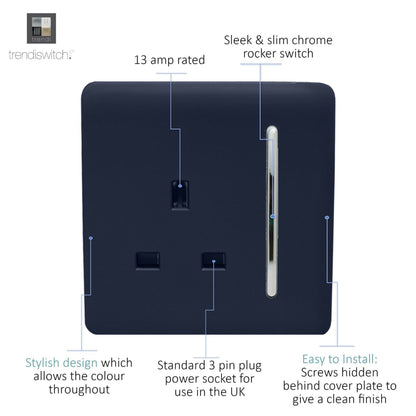 Trendi Switch 1 Gang 13 Amp Switched Plug Socket in Navy Blue
