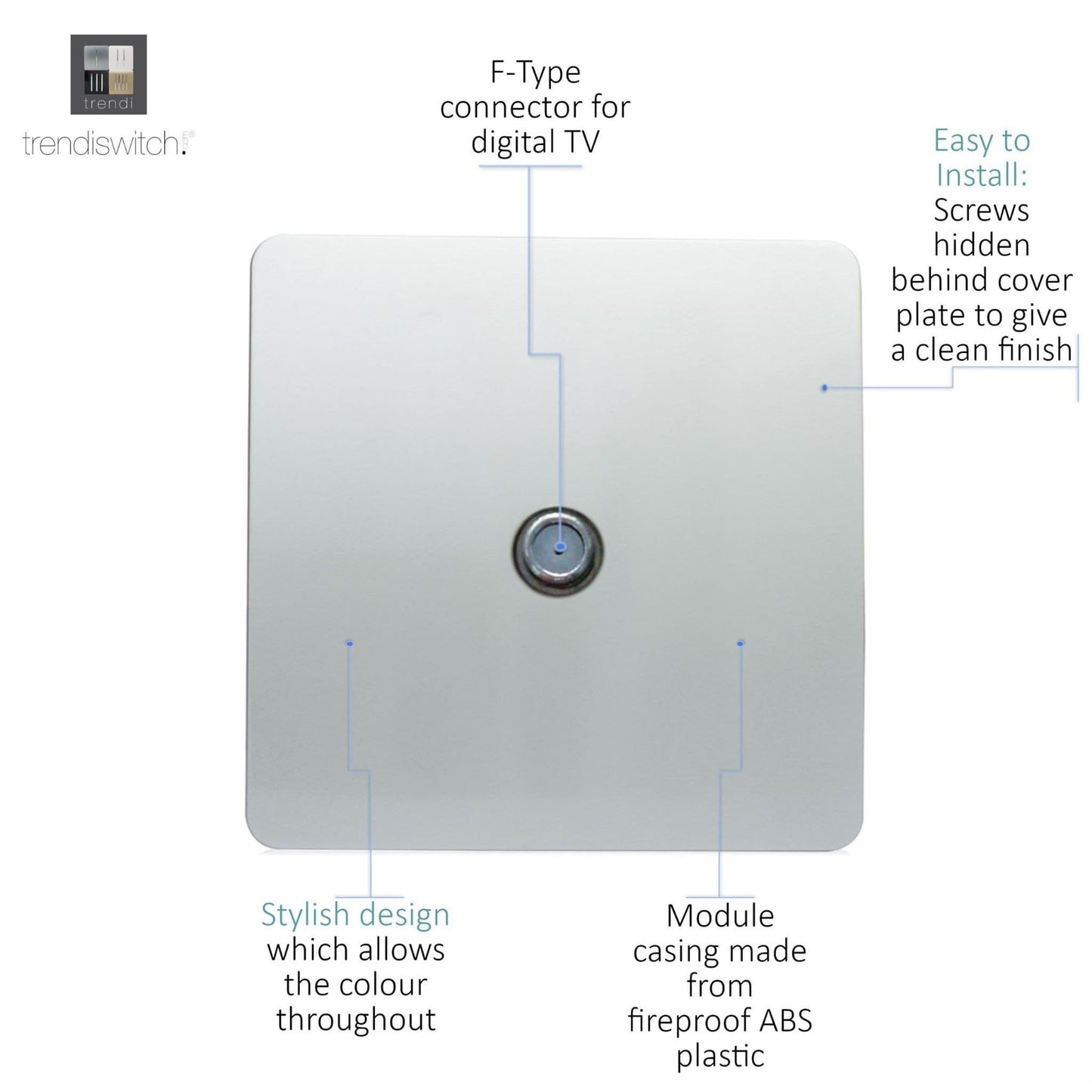Trendi Switch 1 Gang Male F-Type Satellite Television Socketin Platinum Silver